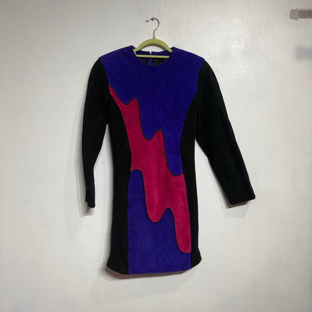 Outerwear by Phoenix Black Colorblock Suede Rib Bodycon Vintage Mini Dress Sz M - Picture 2 of 11